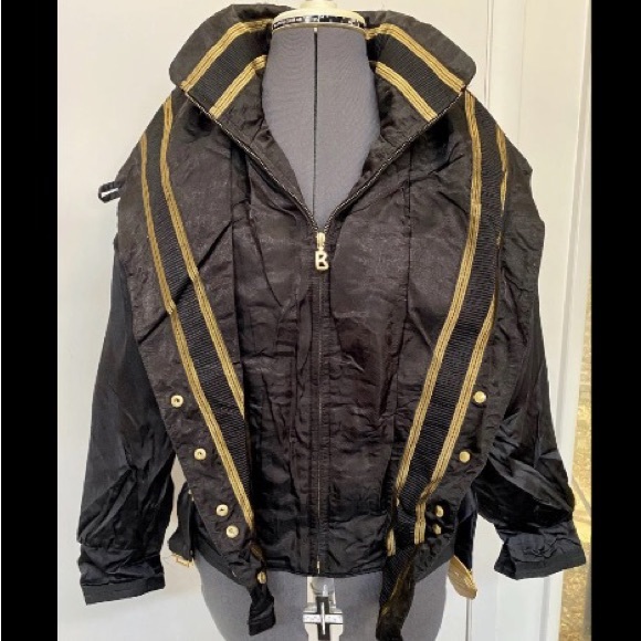 CHIC VINTAGE 1990s BOGNER LADIES SKI JACKET BLACK GOLD BELTED w/ HEADBAND 10 EUC - Picture 4 of 12